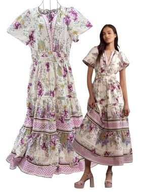 NEW Anthropologie Somerset Grape Floral White Maxi Smocked Tiered Dress, Size M